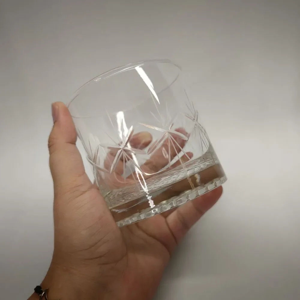 Vintage Cut Glass Rocks Whiskey Tumbler Starburst Diamond Pattern Heavy Barware